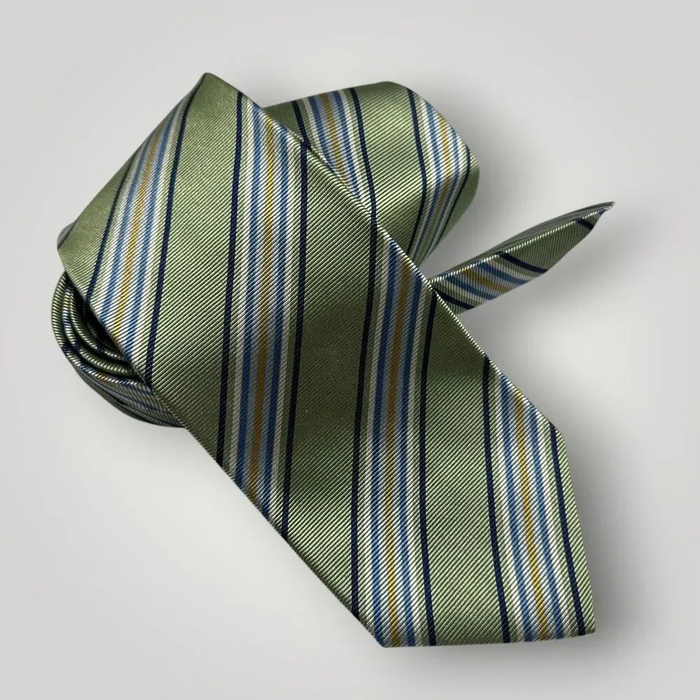 LANDS END Tie Striped 100% Silk Necktie Green/Black/White/Blue/Yellow NWOT